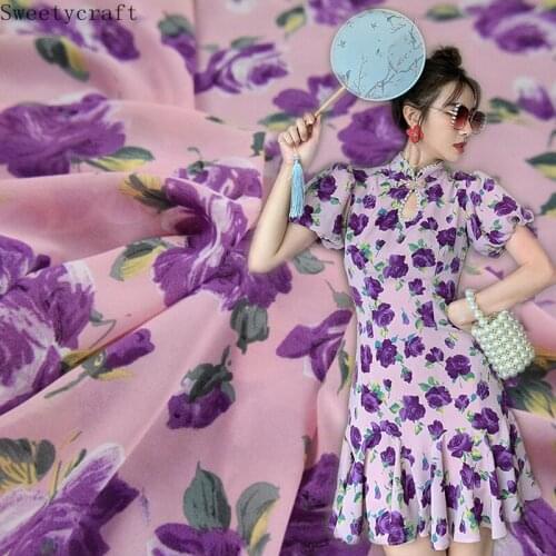 Purple Pink Flower Printed Plain Satin Chiffon Fabric DIY Sewing Spring Summer Fashion Shirt Skirt Dress Womens Fabric Material