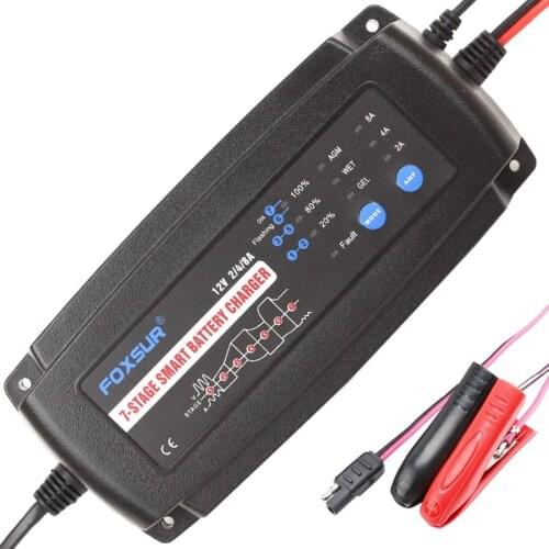 Foxsur 12V 2A 4A 8A 7-stage smart Car Battery Charger GEL WET AGM Battery type with SAE connector