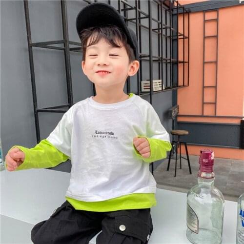 Toddlers Boys Long Sleeve Tops Fashion Letter Printing Patchwork Fake Two Piece T-shirt For Boy Kids 2-8 Y Childrens T-shirts