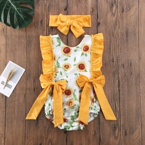 Baby Bodysuit Newborn Kids Baby Girl Flower Sleeveless Bodysuit Jumpsuit Headband 2pcs Outfit Clothes 0-24M