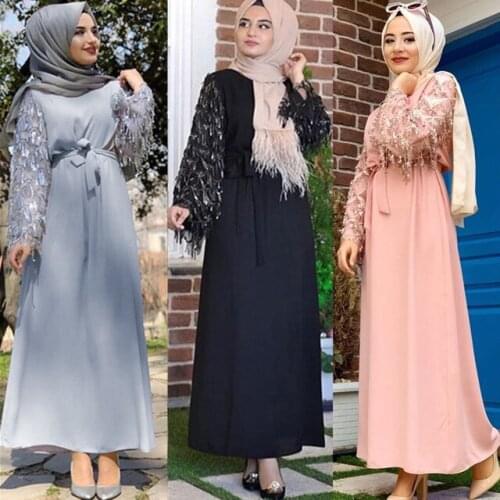 Wholesale Dubai fashion sequined tassel beading muslim abaya female full length islamic prayers رداء abayas islamic robe wq2223