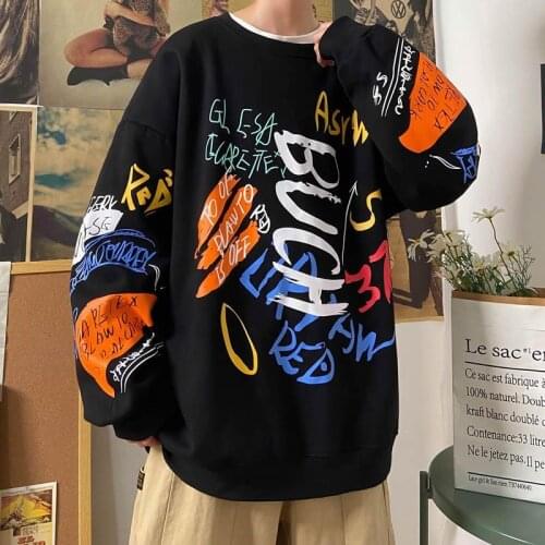 Mens Crewneck Sweatshirt Men 2021 Graffiti Oversized Japanese Streetwear Hip Hop Black Hoodie Men Sweatshirts Hoodies