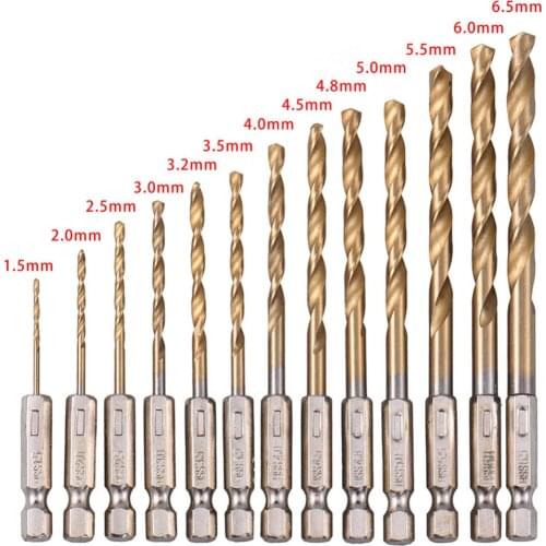 13pcs 1.5-6.5mm Titanium Coated Drill Bit Set HSS High Speed Steel 1/4 Hex Shank Woodworking Cutter For Power Tools in Stock