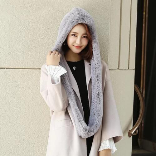 2017 Real Knitted Rex Rabbit Fur Hat Hooded Scarf Long Winter Warm Fur Hat With Neck Collar Scarves