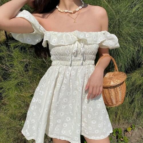 2021 New Summer Dress French Square Collar Bubble Sleeve Dresses A Line Vestidos Sweet Mini Dress Womens Korean Clothing 14957