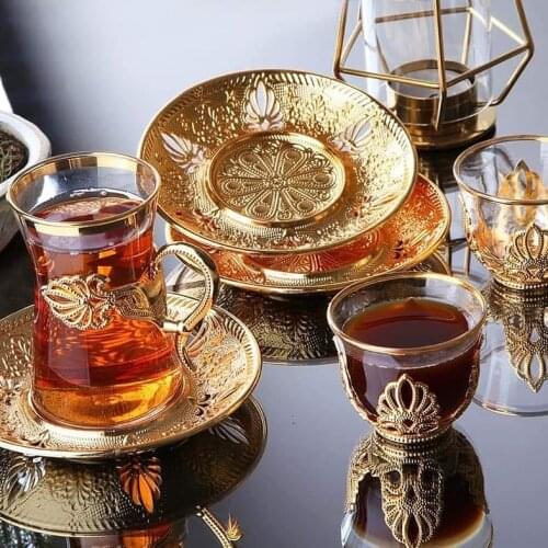 Handmade Authentic Gold Silver Anatolian Arabic Turkish Tea Cups And Saucers Set For Six People Made in Turkey