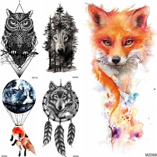 Sexy Watercolor Fox Temporary Tattoos Sheets For Women Body Art Fake Waterproof Owl Tattoo Girls Paste Adult Tatoos Sticker