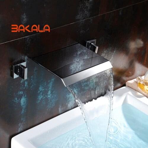 BAKALA Widespread Contemporary Bathroom Basin Sink Waterfall Faucet Wall Mounted Mixer Tap Hot and Cold Water LT-317B