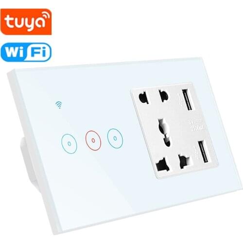 Tuya Smart Wall Touch Switch with 5 Holes Universal Electrical Socket 2 USB Charger Plugs AC 110V 220V Alexa Google Home Control