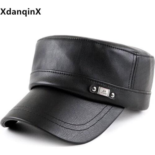 XdanqinX Faux leather PU leather hat mens flat cap army military hats autumn simple casual hat for men chapeau snapback cap new