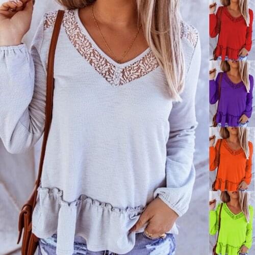Womens Lace V Neck Solid Shirt Tops Long Sleeve Casual Loose Blouse Pullover New
