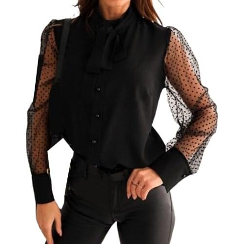 Women See Through Dot Print Mesh Long Sleeve Buttons Bowknot Shirt Blouse Top