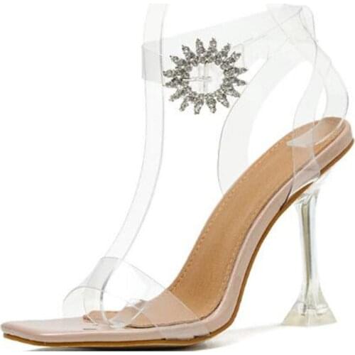 Women sandals PU Buckle Strap 11.5CM Thin Heels High heels Round Toe Rhinestones Shallow sandal women shoes 2020 size 35-42