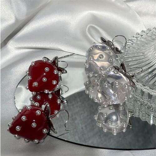 AOMU Korea Japanese Sweet Crystal Pearl Transparent Resin Strawberry Earhook Spring Summer Big Fruit Drop Earrings for Women