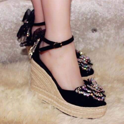 Womens Peep Toe Suede Leather Rhinestones Diamond Butterfly Bling Wedge High Heel Pumps Shoes Sandals DIY Lace B220