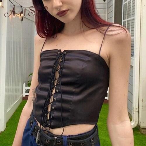 ArtSu Slash Neck Spaghetti Straps Front Lace Up Solid Sexy Camis Tops Gothic Hollow Out Club Wear Summer Crop Top Women Camisole