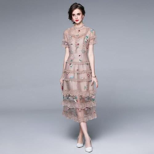 New 2021 Fashion Runway Summer Dress Womens Short Sleeve Floral Embroidery Elegant Mesh Ruffle Cake Dresses Vestidos