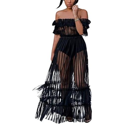 Womens Sexy Dresses Lace Off Shoulder High Waist Flared Mesh Club Maxi Dress See Through Striped Long Coverup Plus Size New