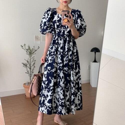 Vintage Square Collar Ink Print Summer Dresses Women Plus Size Loose Lantern Sleeve Long Dress Female Lace Up Party Dress 13844