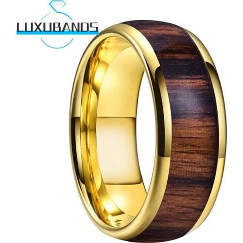 Gold Tungsten Rings For Mens 8MM Real Wood Inlay Wedding Bands Polished Finished Comfort Fit
