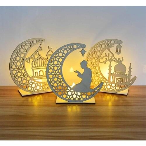 Ramadan Kareem Eid Mubarak Home Decoration LED Star Moon Shape Candle Light Wooden Plaque Muslim Kareem Islam Table Ornaments