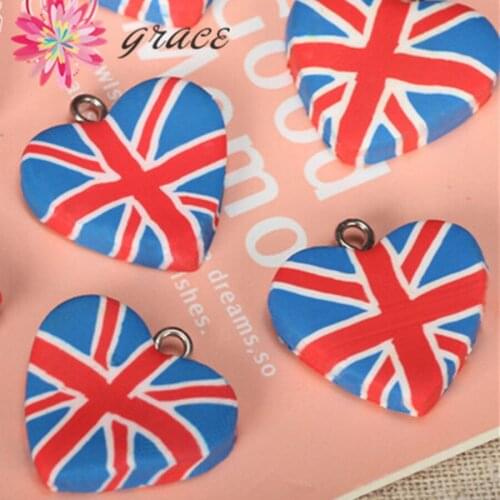 10pc/lots 23mm Clay England Flag Love Heart Shape Hang Beads Diy Special Festival Pendant Necklace Chain Decora Accessories
