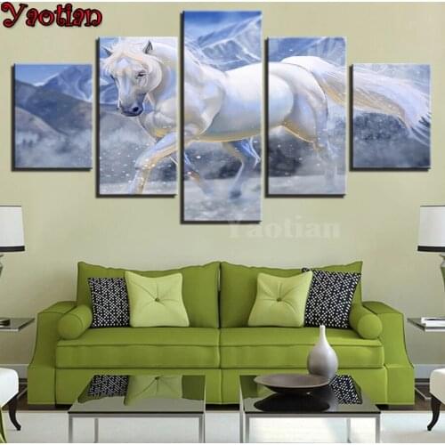 5 Pieces Animal White Horse Diamond Painting full square round diamond embroidery mosaic diamants painting Crystal Decoration