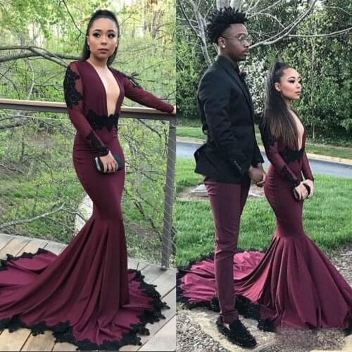 2019 Burgundy Mermaid Evening Dresses Custom Made Deep V Neck Long Sleeve Lace Beaded Prom Gowns Sweep Train Party Dress