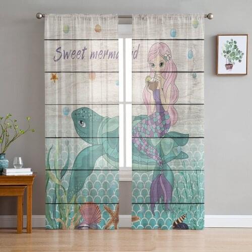 Turtle And Mermaid Marine Wood Plank Texture Voile Tulle Sheer Curtains for Bedroom Living Room Kitchen Decor Window Curtain