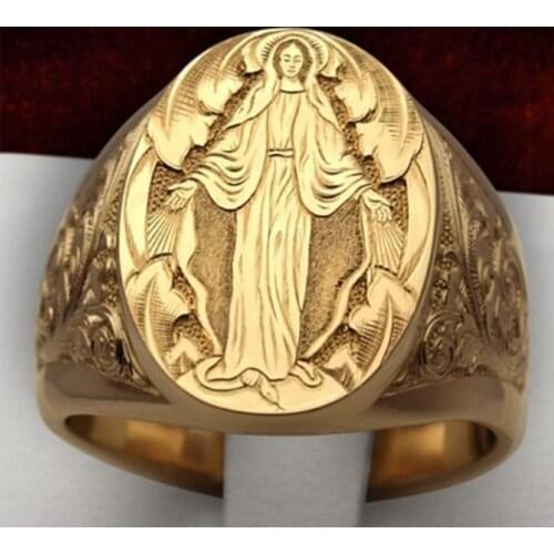 Virgin Mary Pattern Design Ring Gold Color Mens Religion Ring Believer Pray Keepsake Jewelry Finger Accessories Religion Gifts