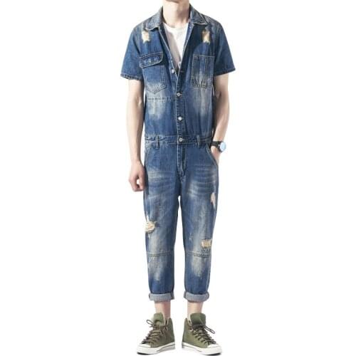Mens ripped denim overalls short-sleeved ripped jeans casual and comfortable hip-hop tooling summer street