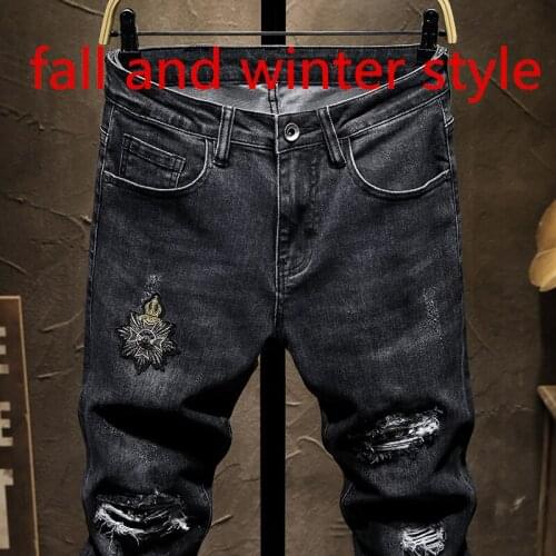 Embroidery Boutique European Men Brand Slim Jeans Denim Trousers Stretch Blue Patchwork Hole Pants For Autumn and winter sty