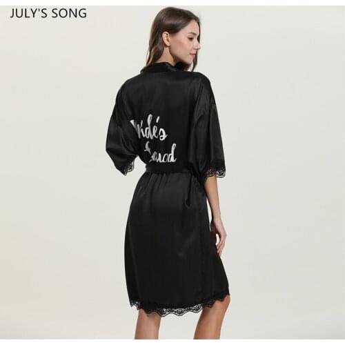 JULYS SONG Satin Lace Nightdress Letter Printing Bridal Dressing gown Belt Elegant Wedding Bathrobe Pajamas Summer Sleepwear
