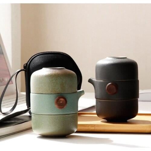 Japanese-Style Ceramic Teapot Lid Bowl Teacup Handmade Portable Travel Office Tea Set-Green