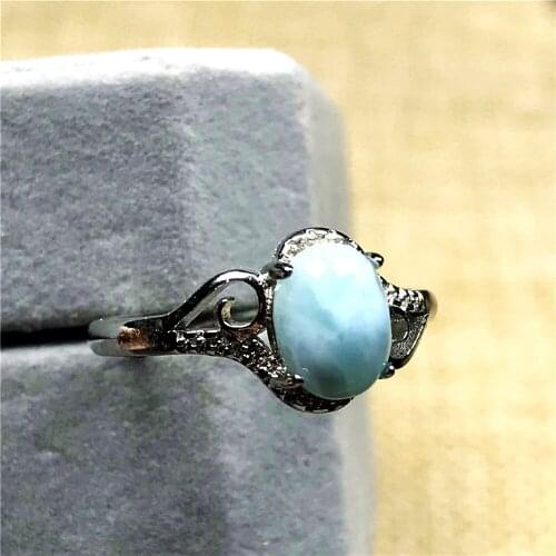 Natural Blue Larimar Ring Jewelry For Woman Lady Man Silver 7x5mm Beads Dominica Water Pattern Stone Adjustable Size Ring AAAAA