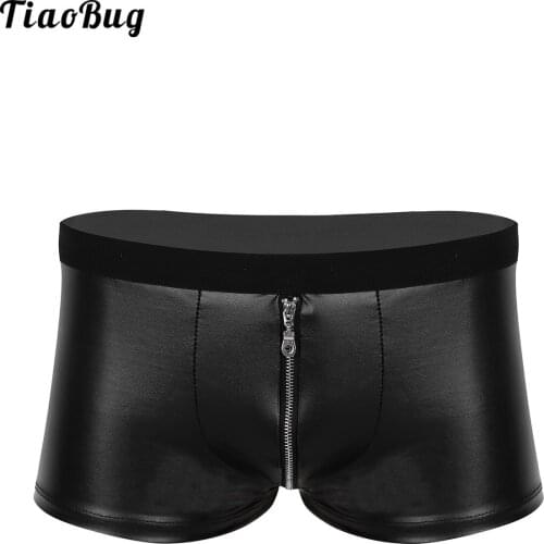 TiaoBug Mens Lingerie Wet Look Faux Leather Zipper Bulge Pouch Low Rise Boxer Briefs Shorts Underwear Underpants Gay Clubwear