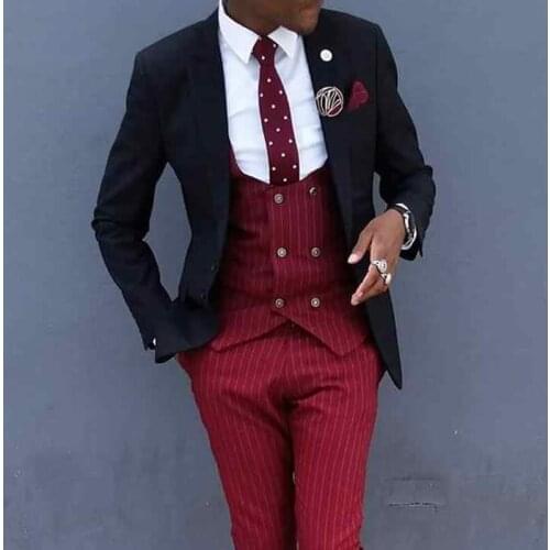 Red Pinstripe Slim fit Men Suits for Wedding Prom 3 piece Groom Tuxedo Man Set Black Jacket Vest with Pants Custom Male Fashion