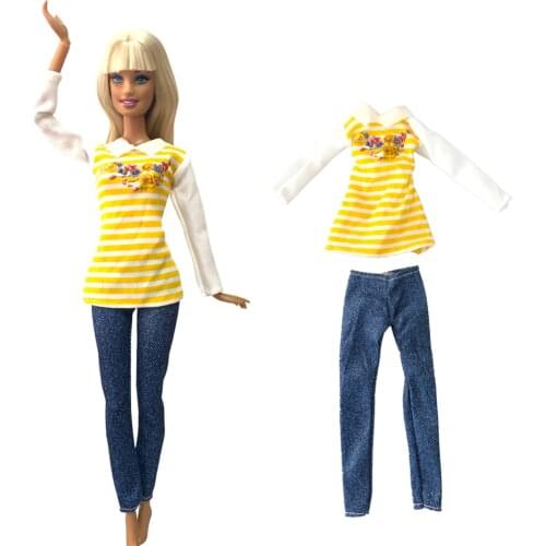 NK 1x Doll Clothes Fashion Long-sleeved YELLOW Shirt Daily Wear Jeans for Barbie Doll Accessories Lovely Girl Kid Toy 278K2 7X