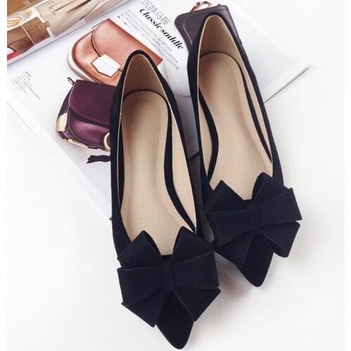 Autumn New Bow Pointed Toe Flat Shoes Women Wedding Shoes Flock Leather Big Bowknot Solid Color Plus Small Women Flatsdf84
