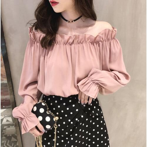 Orange sexy chiffon shirt flavor solid color ruffled off shoulder chiffon shirt female collar loose and thin chiffon top