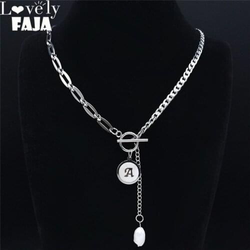 2021 Hip Hop Shell Pearl Stainless Steel A Letter Necklaces Chain Women Silver Color Necklace Jewelry cadenas mujer NA7000S03