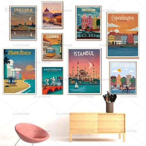Hot Tourism World Travel City Posters Vintage Amsterdam Lisbon Canvas Paintings for Home Decoration Nordic Wall Art Pictures