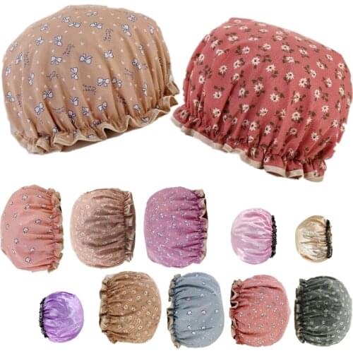 Adult Cute Shower Cap Double-Layer Shower Cap Female Lace Makeup Cap Hairdressing Cap Bathroom Supplies Bath Hats Hot Spring Cap