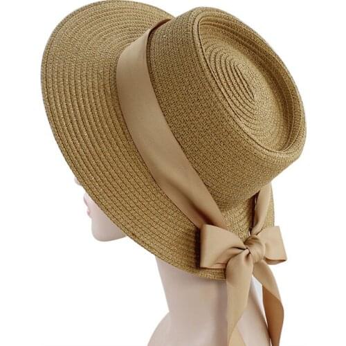 New Summer Sun Hats Women Fashion Girl Straw Hat Ribbon Bow Beach Hat Casual Straw Flat Top Panama Hat Bone Straw Hat