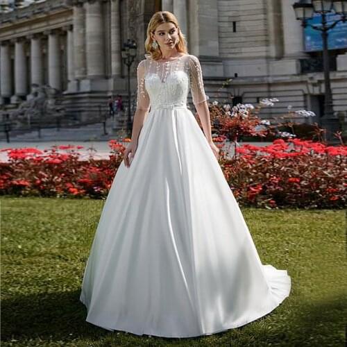 Modest Tulle Jewel Neckline A-line Wedding Dresses With Beaded Embroidery Bowknot Half Sleeves Bridal Dresses