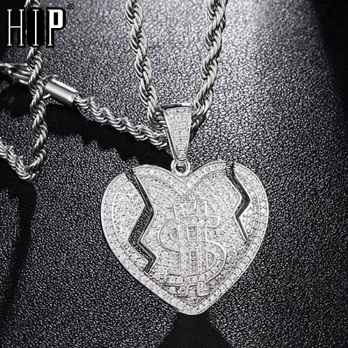 Hip Hop Bling Shiny Iced Out Micro Paved CZ Broken Heart With Dollar Sign Necklaces & Pendants For Men Rapper Jewelry