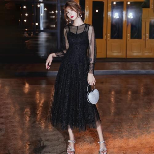 Black Evening Dresses Full Sleeves O-Neck Plus size A-line Tea-length Simple Bling Luxurious New Woman Formal Party Dress A280