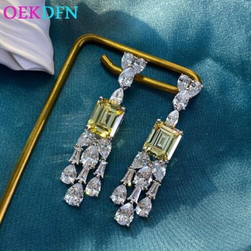 OEKDFN Vintage 100% 925 Sterling Silver Drop Earrings For Women Sparkling Citrine Zircone Gemstone Fine Jewelry Dangle Earrings