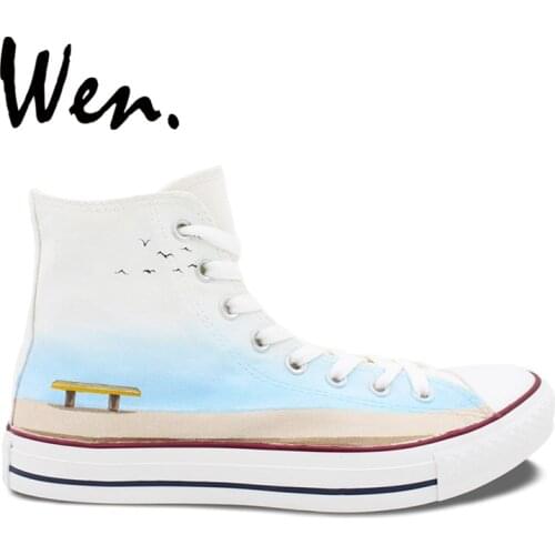Wen Hand Painted Shoes Design Custom Elephant Sitting on the Bench High Top White Men Womens Canvas Sneakers for Gifts