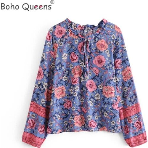 Boho Queens happie women floral printed Tie neck Boho blouse shirts batwing sleeve shirts female bohemian blusas